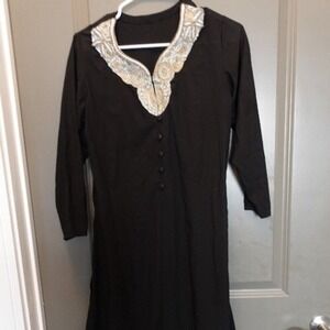 Black Tunic Dress Embellished Neckline 3/4‎ Sleeve Casual